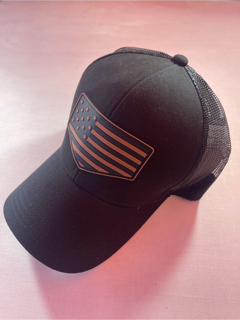 Black Mesh Trucker Hat with American Flag Patch